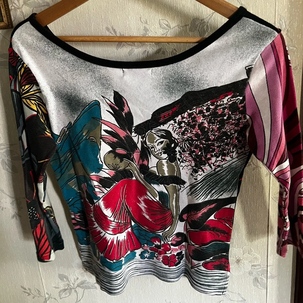 Custo Barcelona Black and Pink Graphic 3/4 Sleeve Blouse - Picture 2 of 5